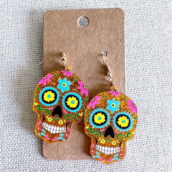 Sugar Skull Jewelry - SUGAR SkULL Day of the Dead Yellow Glitter Acetate Dangle Earrings NWT